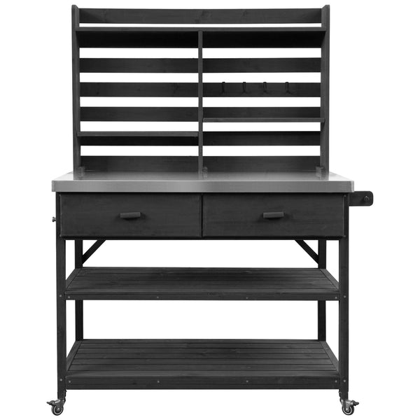 English Elm K&K 64.9" Outdoor Potting Bench with 1.2" Stainless Steel Top, Lockable Wheels, Hutch & Drawers Black N707P228274B