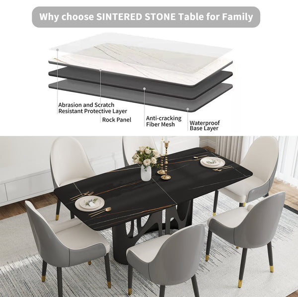 English Elm 70.86" Modern Sintered Stone Dining Table With Curved Black Top & Sturdy Iron Legs For 6-8 People W1535S00429