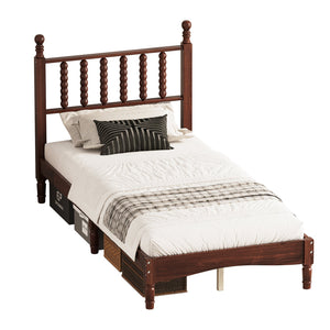 English Elm Twin Rubberwood Platform Bed Gourd Headboard Retro Bohemian Bedroom Slat Base Walnut N733P427029D