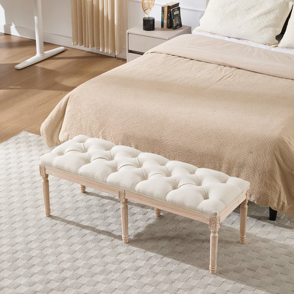 English Elm Bedroom Bench Linen Tufted Seat with Hand Carved Rubberwood Legs French Country Style W3244P500175