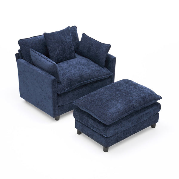 English Elm 39.4" Chenille Club Chair with Ottoman Solid Wood Frame Contemporary Living Room Seat Blue W3244P427715