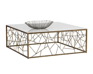 Sunpan Vero Coffee Table: Large White Volakas Marble Top with Rustic Bronze Steel Frame for Stunning Style