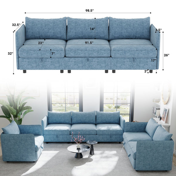 English Elm Modular Sectional Sofa Set with Hidden Storage Pocket Spring Living Room Couch Antique Blue W680S00140