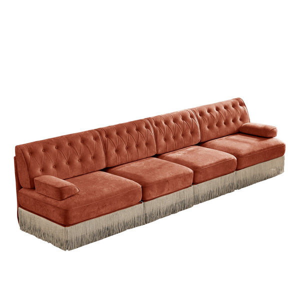 English Elm 135" Modular Chesterfield Sectional Sofa Velvet Tufted Tassel Skirt Lounge Seating Red+Brown W714S01725