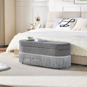English Elm Oval Fringe Trim Upholstered Lift Top Storage Ottoman Stylish Footrest for Any Room Grey W5501P462408