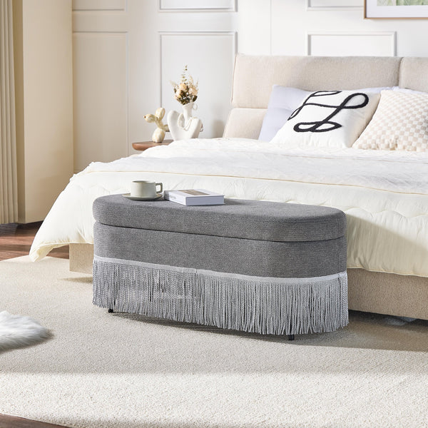English Elm Oval Fringe Trim Upholstered Lift Top Storage Ottoman Stylish Footrest for Any Room Grey W5501P462408