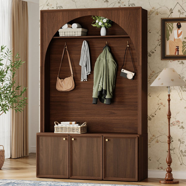 English Elm On-trend Farmhouse Hall Tree Arched Cabinet Storage Bench with Golden Hooks Mudroom Walnut N721S000080P