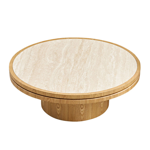 English Elm 35.43 Inch Round Sintered Stone Coffee Table with Mdf Pedestal Base for Modern Living W876S00342