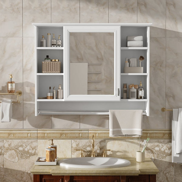 English Elm 3-in-1 Wall Mounted Medicine Cabinet with Soft Close Door Towel Bar and Vanity Mirror White N710P358618K