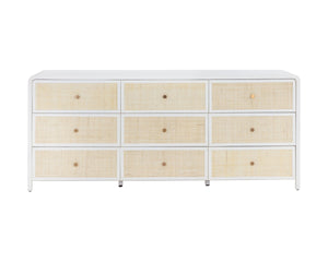 Sunpan TIERRA Dresser - Coastal Charm with Artisan Rattan, Antique White Finish, 9 Spacious Drawers for Storage 109790