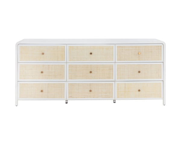 Sunpan TIERRA Dresser - Coastal Charm with Artisan Rattan, Antique White Finish, 9 Spacious Drawers for Storage 109790