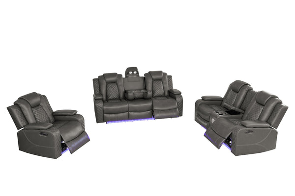 English Elm Violetglow Reclining Sofa with Led Lighting Wireless Charging and Bluetooth Speakers Grey B2730S00035