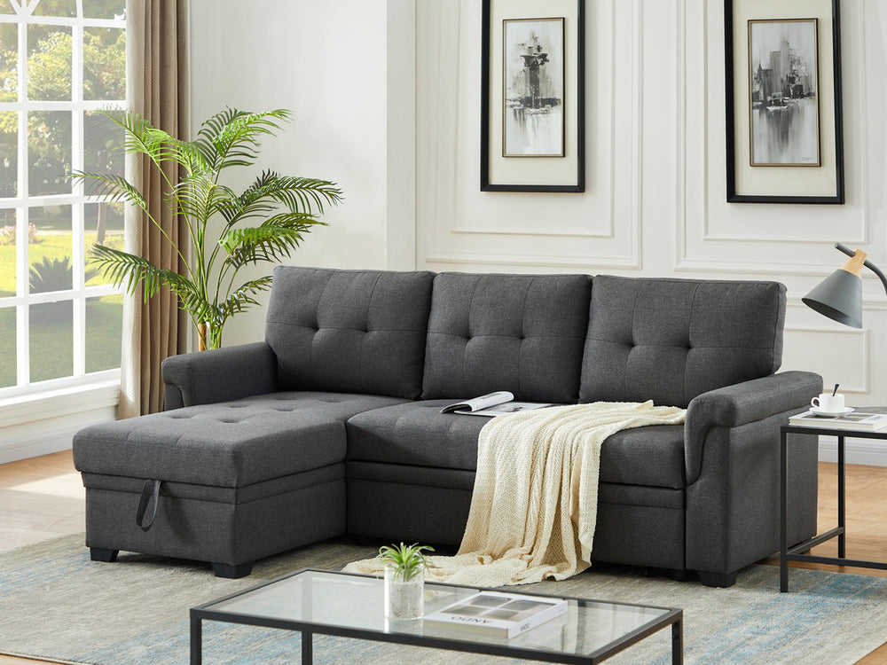 English Elm Jardin Linen Upholstered Sleeper Sectional with Reversible Chaise and Hidden Storage Dark Gray B2749S00172