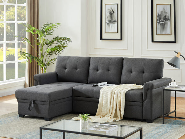 English Elm Jardin Linen Upholstered Sleeper Sectional with Reversible Chaise and Hidden Storage Dark Gray B2749S00172