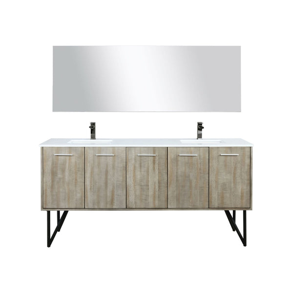 English Elm Rustic Acacia Double Bath Vanity With White Quartz Top, Gun Metal Faucet & 70" Mirror For Elegance B2731S01673-GIGA