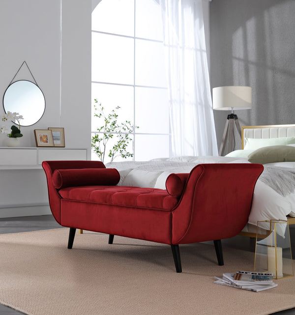 English Elm Vintage Button Tufted Velvet Storage Bench Mid Century Seat for Bedroom Entryway Red W2795P428651