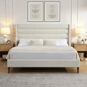English Elm King Upholstered Platform Bed Frame King Size with High Wave Headboard, Chenille Ivory, Noise-Free EVA, 1000lb Capacity, No Box Spring Needed, Easy Velcro Assembly W1716P362410