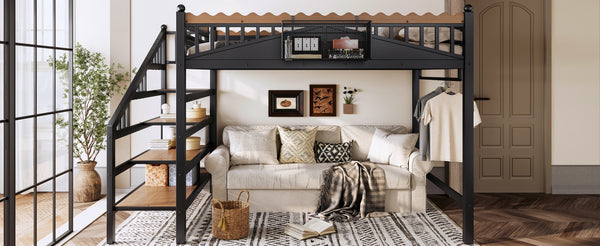 English Elm Twin Xl Metal Loft Bed with Stair Storage Shelves Sturdy Steel Frame for Dorms W1580S00379