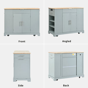 English Elm K&k Rolling Kitchen Island Rubber Wood Top Fluted Cabinet Built-in Charging Station Grey+Blue N707S221571G