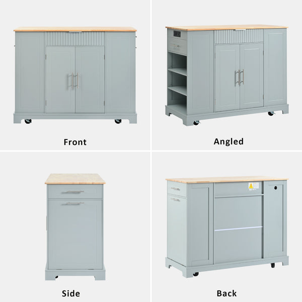 English Elm K&k Rolling Kitchen Island Rubber Wood Top Fluted Cabinet Built-in Charging Station Grey+Blue N707S221571G