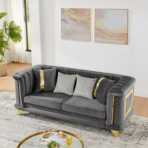 English Elm 89 Inch Gray Velvet Tufted Sofa Gold Steel Trim Victorian Mid-century Living Room W1191S00103