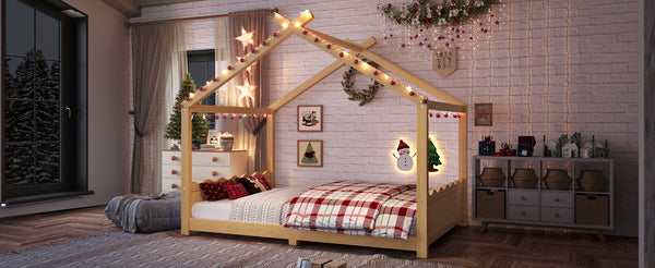 English Elm Twin House Frame Floor Bed Solid Pine Kids Room Montessori Low Profile Play Nook W1580P387841