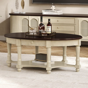 English Elm Vintage Oval Coffee Table With Drawer & Storage Shelf - French Country Charm For Living Rooms N735P277388K-GIGA