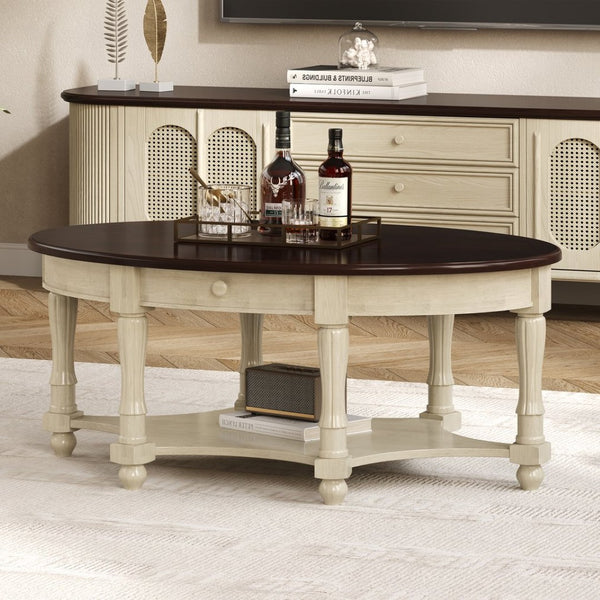 English Elm Vintage Oval Coffee Table With Drawer & Storage Shelf - French Country Charm For Living Rooms N735P277388K-GIGA