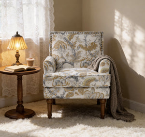 English Elm Accent Slipper Chair Botanical Tapestry Upholstery Nailhead Trim Solid Wood Legs Farmhouse Earthy Yellow W5568P445701