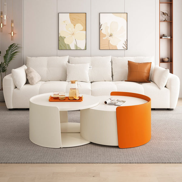 English Elm Nesting Modern Round Coffee Table Set with Sliding Extendable Top, Space-Saving MDF Design, 66lb Capacity Antique White W757P186974