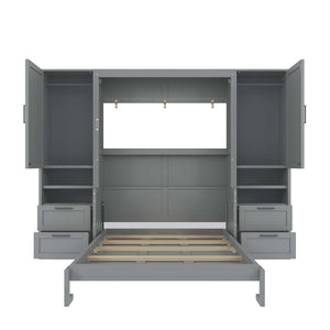 English Elm Full Size Murphy Wall Bed with Wardrobe Drawers and Shelves for Studio Spaces LP000908AAE