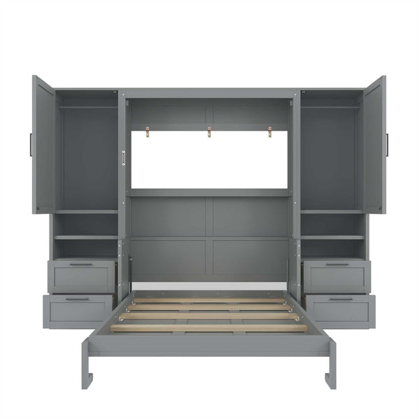 English Elm Full Size Murphy Wall Bed with Wardrobe Drawers and Shelves for Studio Spaces LP000908AAE