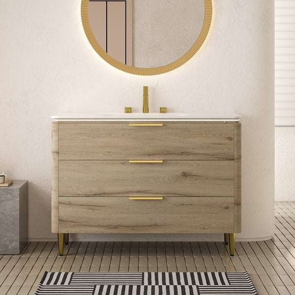 English Elm AMARA 48" Bathroom Vanity with Integrated Sintered Stone Basin, Pre-Assembled Plywood Cabinet, 3 Drawers, Motion Light Carrara White,White Oak W2615P346337