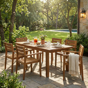 English Elm 7 Piece Solid Acacia Hardwood Expandable Outdoor Dining Set with Six Slatted Chairs Teak N762S000033AAA