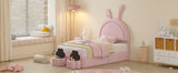 English Elm Twin Size Upholstered Rabbit-Shape Bed With 2 Storage Stools, Velvet Platform Bed With Cartoon Ears Shaped Headboard, Pink