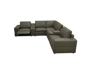 English Elm Premium Leather Match Sectional with Dual Recliners Cup Holders and Storage Console Olive Green B2748S00159