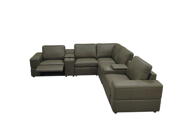 English Elm Premium Leather Match Sectional with Dual Recliners Cup Holders and Storage Console Olive Green B2748S00159