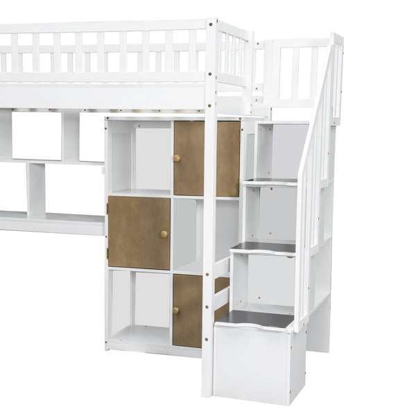 English Elm Wood Twin Loft Bed with Built-In L-Desk, LED Lighting, Staircase Storage, Shelves & Cabinets White N7090000470K