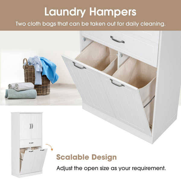 English Elm Christopher Knight Home® - Bathroom Storage Cabinet with Doors Drawer & Dual Laundry Baskets, MDF Build, Adjustable Shelf, Anti-Tip Device White N759P243350K