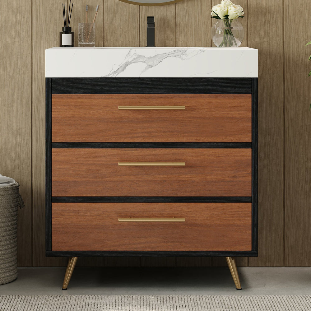 English Elm Modern Freestanding Vanity with Vessel Sink Sintered Stone Top and Gold Steel Legs W3136S00053