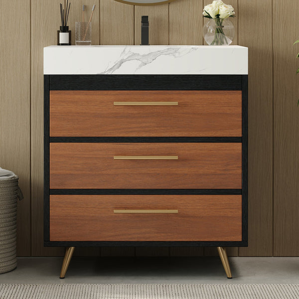 English Elm Modern Freestanding Vanity with Vessel Sink Sintered Stone Top and Gold Steel Legs W3136S00053