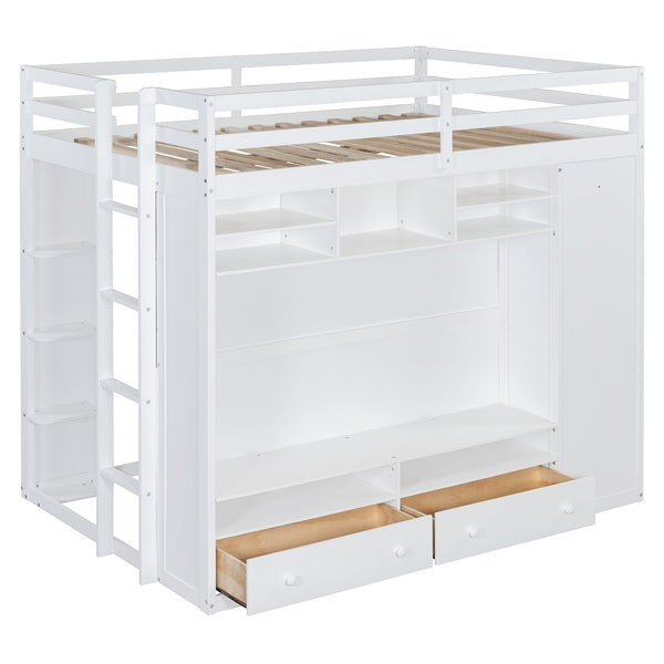 English Elm Full Size Loft Bed with Led Lighting Wardrobe Drawers and Shelves for Teen Rooms White LT000499AAK