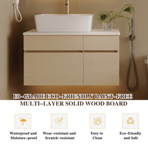 English Elm 31.5 Inch Wall Mounted Bathroom Vanity with Ceramic Vessel Sink and Soft Close Storage W3136S00079