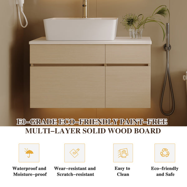 English Elm 31.5 Inch Wall Mounted Bathroom Vanity with Ceramic Vessel Sink and Soft Close Storage W3136S00079