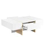 English Elm 47.2'' X 31.4''Minimalist High Gloss Coffee Table With 2 Drawers, Multi-Storage Rectangle Sofa Table With Golden Wood Grain Legs, Modern Center Table For Living Room, White