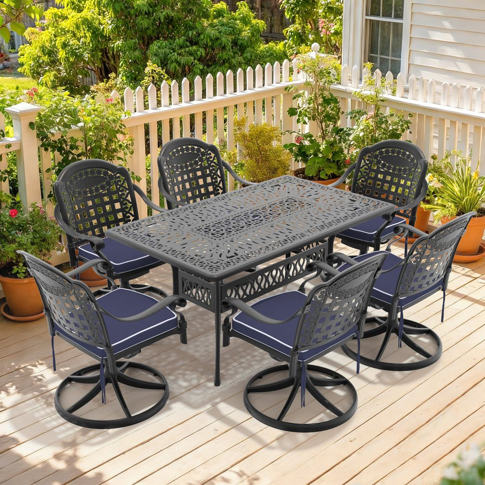 English Elm 7-piece Cast Aluminum Outdoor Dining Set with Swivel Chairs and Ornate Patio Table W1710S00352