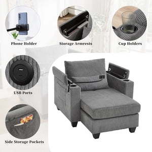 English Elm Convertible Chaise Lounge Sofa Chair With Usb Ports, Storage & Cup Holders – Ideal For Small Spaces! N719S002021E