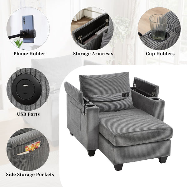 English Elm Convertible Chaise Lounge Sofa Chair With Usb Ports, Storage & Cup Holders – Ideal For Small Spaces! N719S002021E
