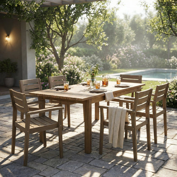 English Elm 7 Piece Solid Acacia Hardwood Expandable Outdoor Dining Set with Six Slatted Chairs Grey,Teak N762S000033AAE