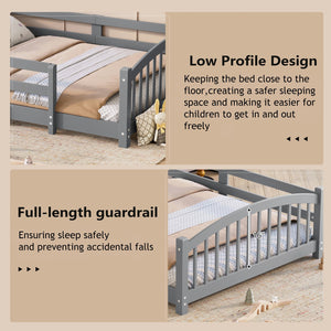 English Elm Twin Montessori Floor Bed Solid Pine Frame with Safety Guardrails for Kids Bedroom Gray N733P400298E